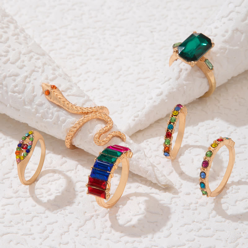 5 Stücke Strass Und Herzschlangenring -Set