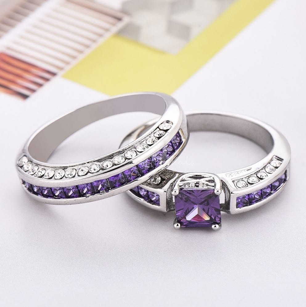 Amethyst White Zircon Ring Set -Ringepaar