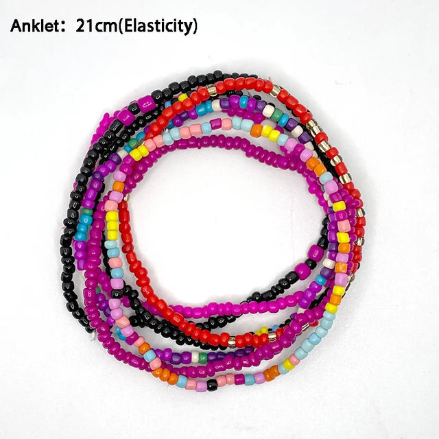 Bohemian Anklet Bracelet Set - 7pcs | Elastic Ankle Bracelet
