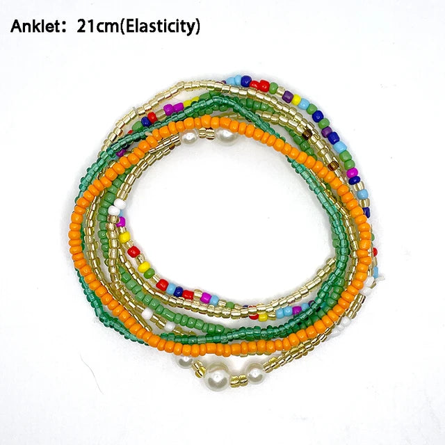 Bohemian Anklet Bracelet Set - 7pcs | Elastic Ankle Bracelet
