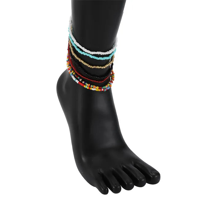 Bohemian Anklet Bracelet Set - 7pcs | Elastic Ankle Bracelet