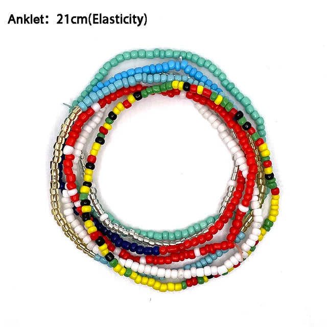 Bohemian Anklet Bracelet Set - 7pcs | Elastic Ankle Bracelet