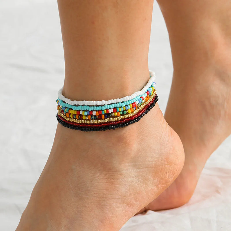 Bohemian Anklet Bracelet Set - 7pcs | Elastic Ankle Bracelet