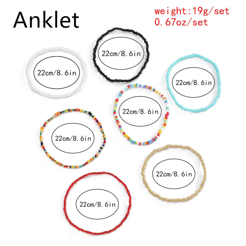 Bohemian Anklet Bracelet Set - 7pcs | Elastic Ankle Bracelet