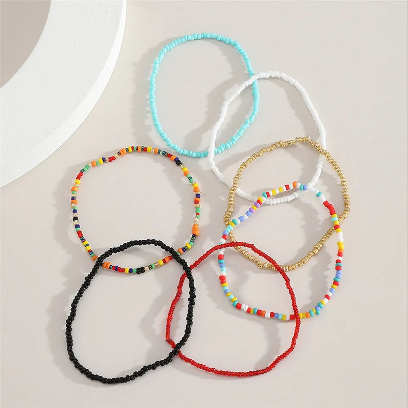 Bohemian Anklet Bracelet Set - 7pcs | Elastic Ankle Bracelet