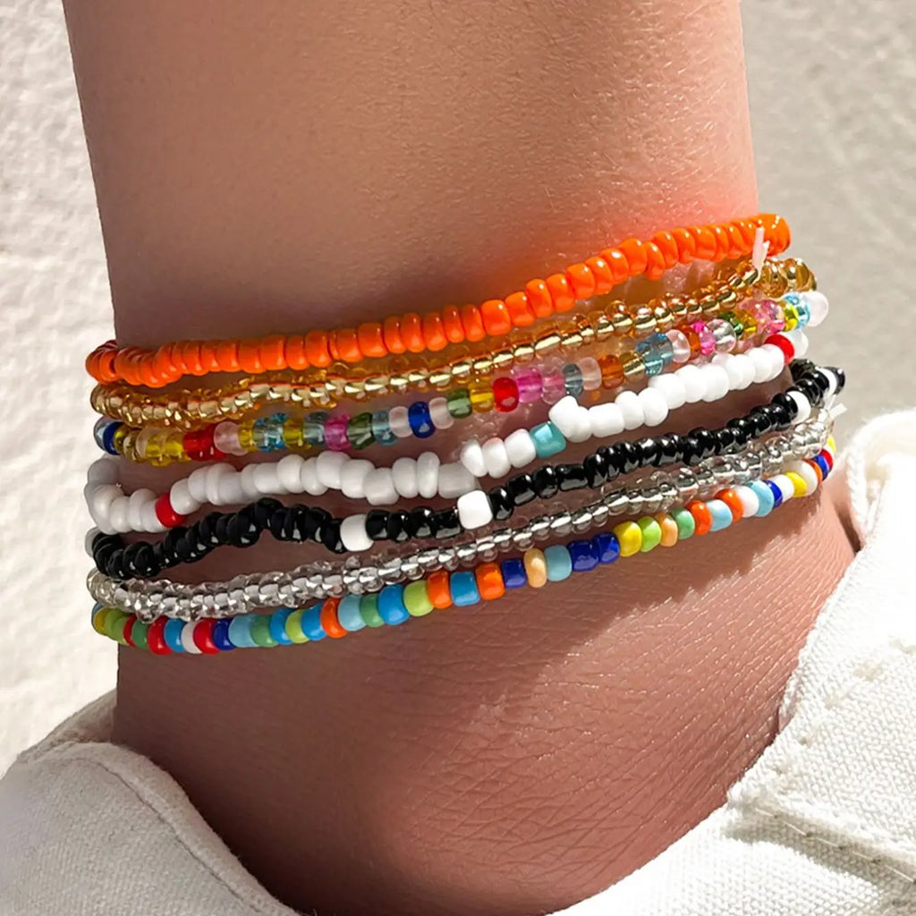Bunte elastische Fußkettchen mit Perlen - 7-teiliges Set