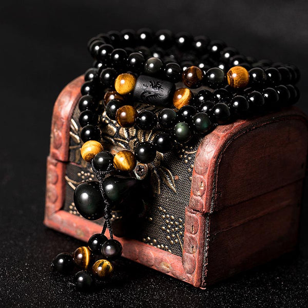 Chavri Natürliches schwarzes Obsidian-Regenbogen-Obsidian-Kürbis-Segen-Armband Mala