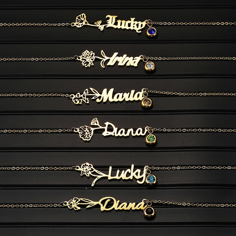 Benutzerdefinierte Horizontal Geburtsblume Geburtssteinname Halskette