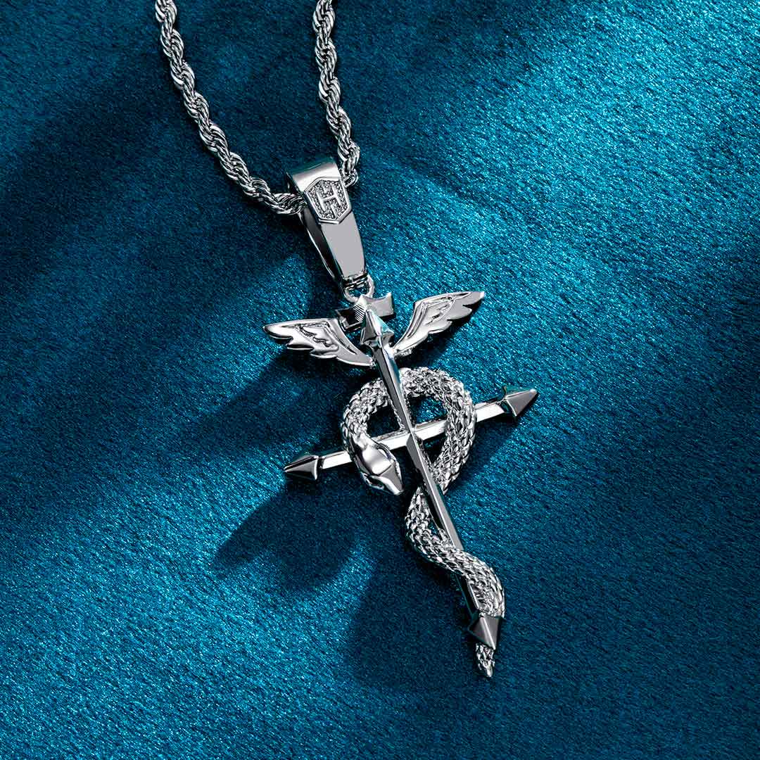 Abgelöste Flügelkreuzungen Mit Schlangengriechisch -Caduceus -Anhängerkette