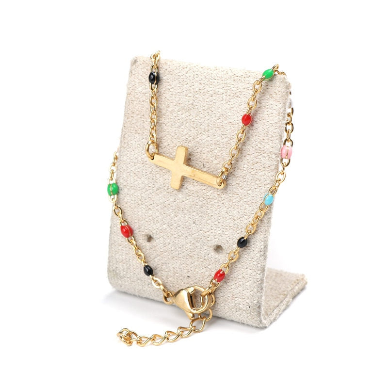 Neue Mode Edelstahl Armbänder Link Kabel Kette Kreuz Goldene Emaille Armband Schmuck für Frauen Geschenke 18 cm Lang, 1 PC