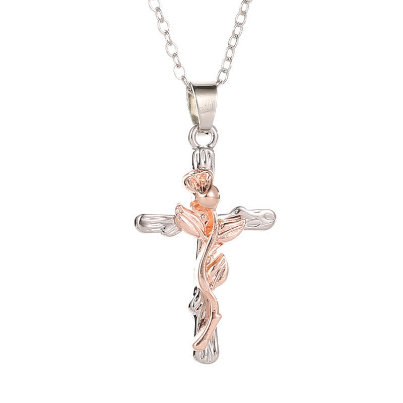 Cross Rose Blume Pendell Halskette