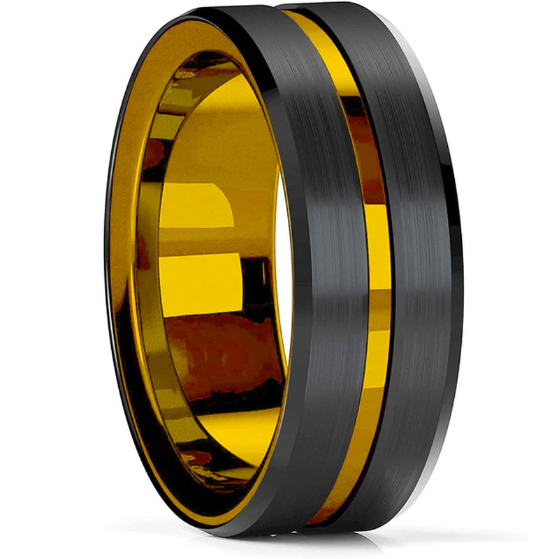 Mode Männer 8Mm Gold Farbe Nut Abgeschrägte Kante Wolfram Hochzeit Carbon Faser Ring Punk Zahnrad Edelstahl Ring für Männer