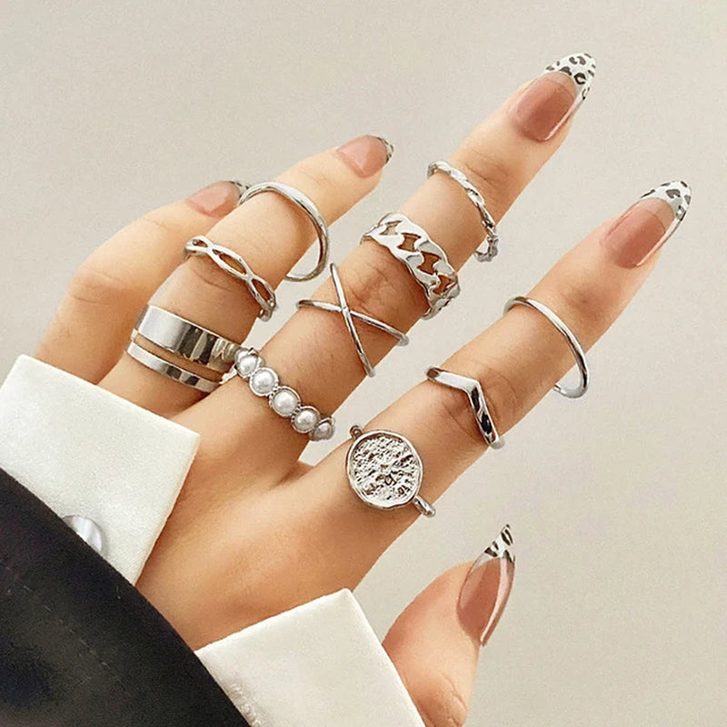 Mode Silber Farbe Metall Ringe Set Herz Schmetterling Blätter Blume Kristall Trendy Finger Ring für Frauen Schmuck Geschenke