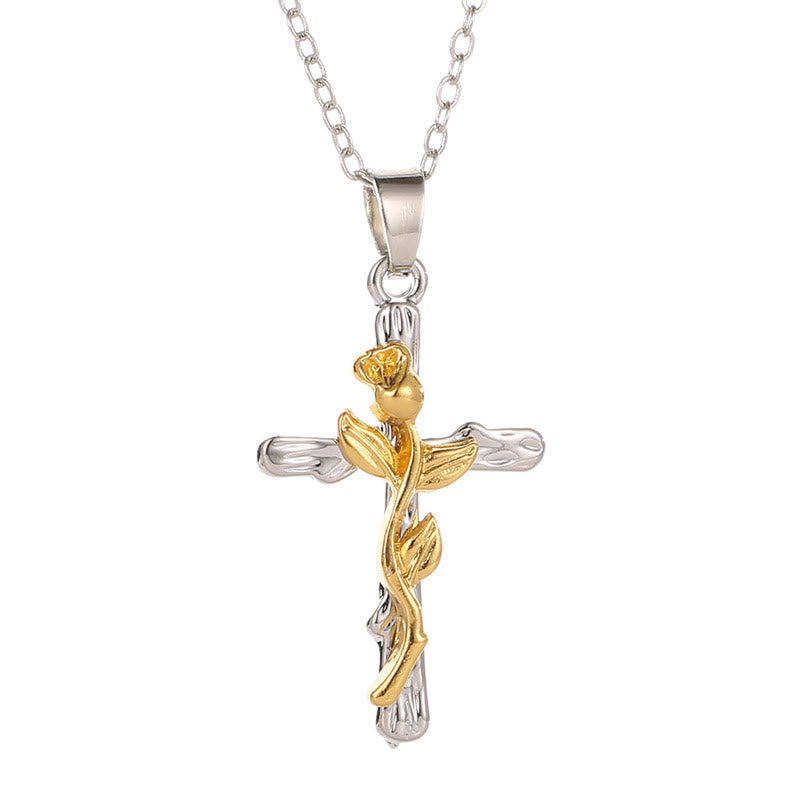 Cross Rose Blume Pendell Halskette