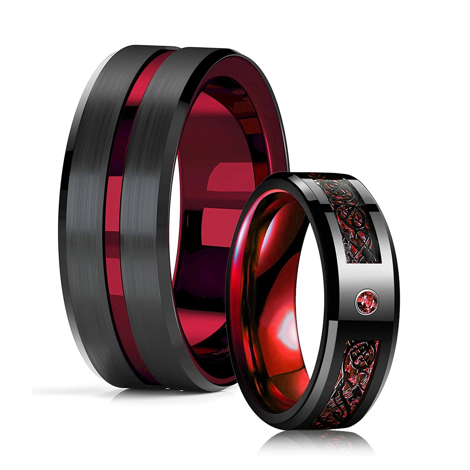 Mode 8 mm rote Nut abgeschrägte Kante Edelstahl keltische Drachenringe für Männer Zirkon Inlay Kohlefaser Ring Männer Ehering