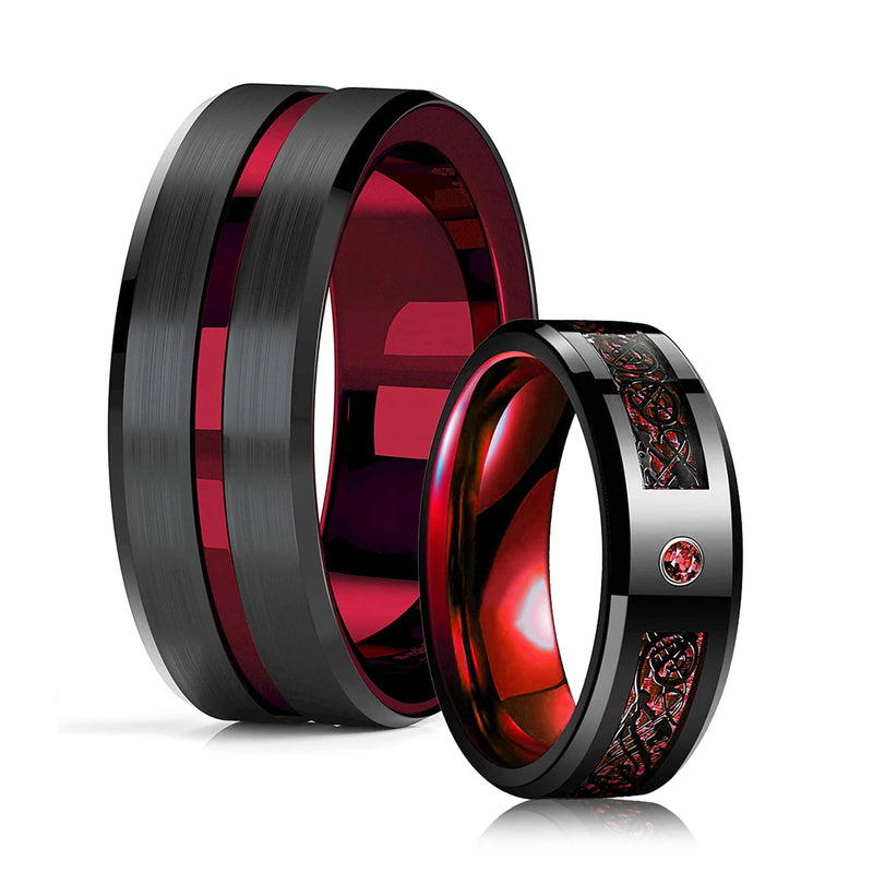 Mode 8 mm rote Nut abgeschrägte Kante Edelstahl keltische Drachenringe für Männer Zirkon Inlay Kohlefaser Ring Männer Ehering