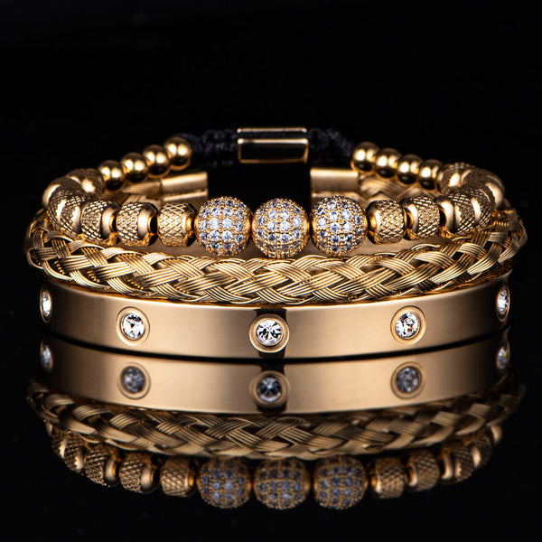 3 Pcs Luxus Micro Pave Round Perle Charm Gold Armband