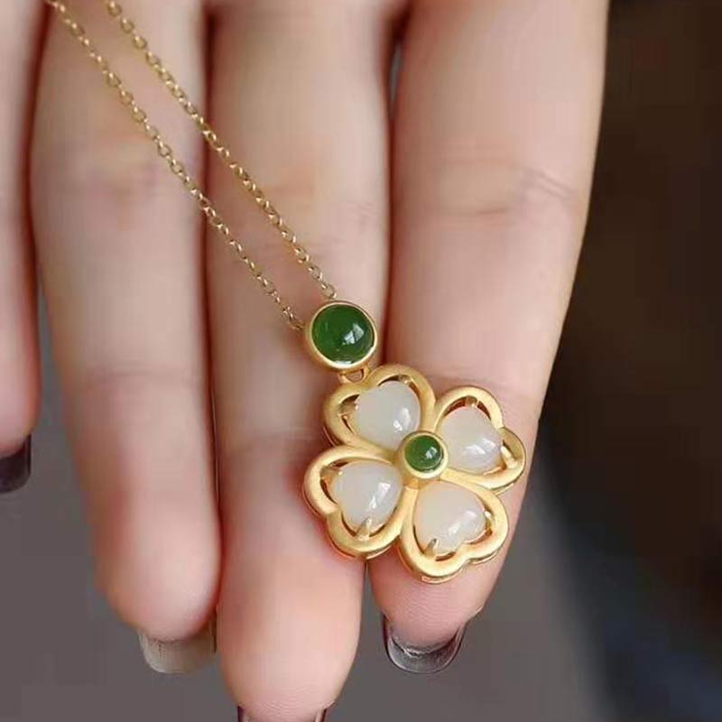 Chavri 925 Sterling Silber Lucky Four Leaf Clover Jade Wohlstand Halskette Kettenanhänger