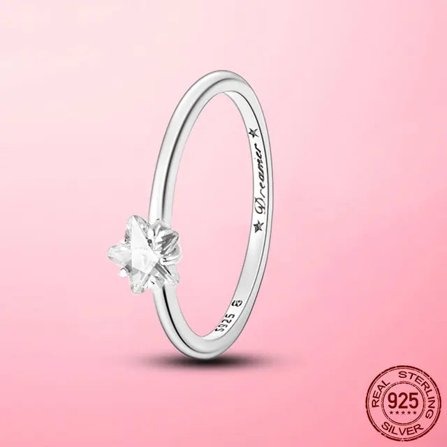 Sterling Silber Funkelnder Stern Solitaire Ring für Frauen Hochzeits- und Verlobungsringe Original Markenschmuck