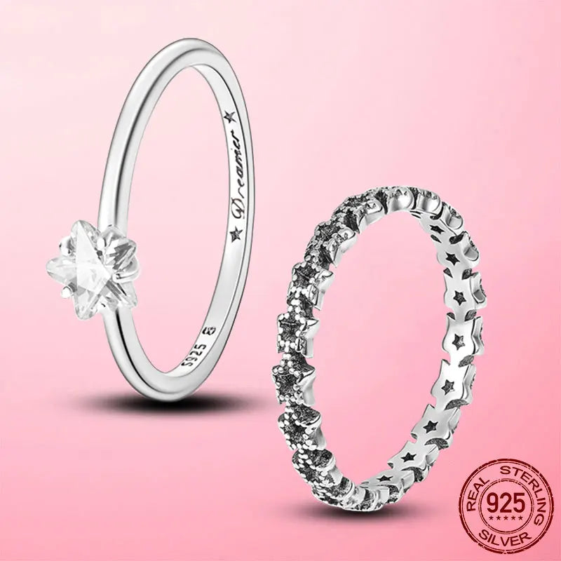 Sterling Silber Funkelnder Stern Solitaire Ring für Frauen Hochzeits- und Verlobungsringe Original Markenschmuck