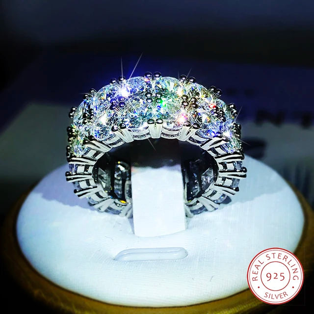 Luxuriöser Doppelreihiger Weißer Zirkonia-Ring aus 925er Sterlingsilber für Damen - Hochzeitsfeier Geburtstag Modeschmuckgeschenk