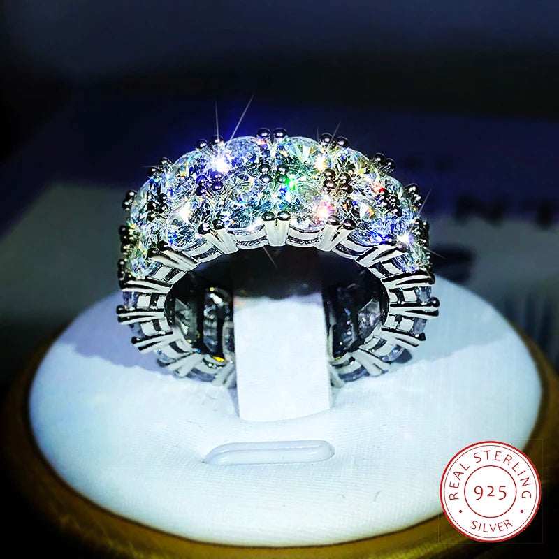 Luxuriöser Doppelreihiger Weißer Zirkonia-Ring aus 925er Sterlingsilber für Damen - Hochzeitsfeier Geburtstag Modeschmuckgeschenk