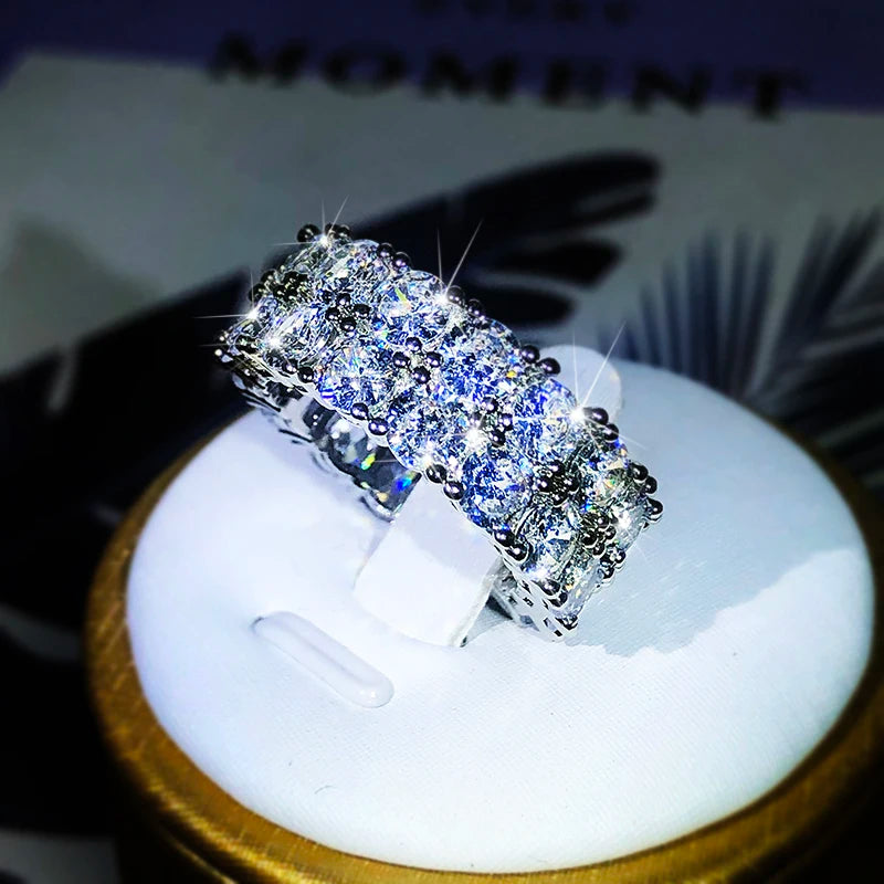 Luxuriöser Doppelreihiger Weißer Zirkonia-Ring aus 925er Sterlingsilber für Damen - Hochzeitsfeier Geburtstag Modeschmuckgeschenk