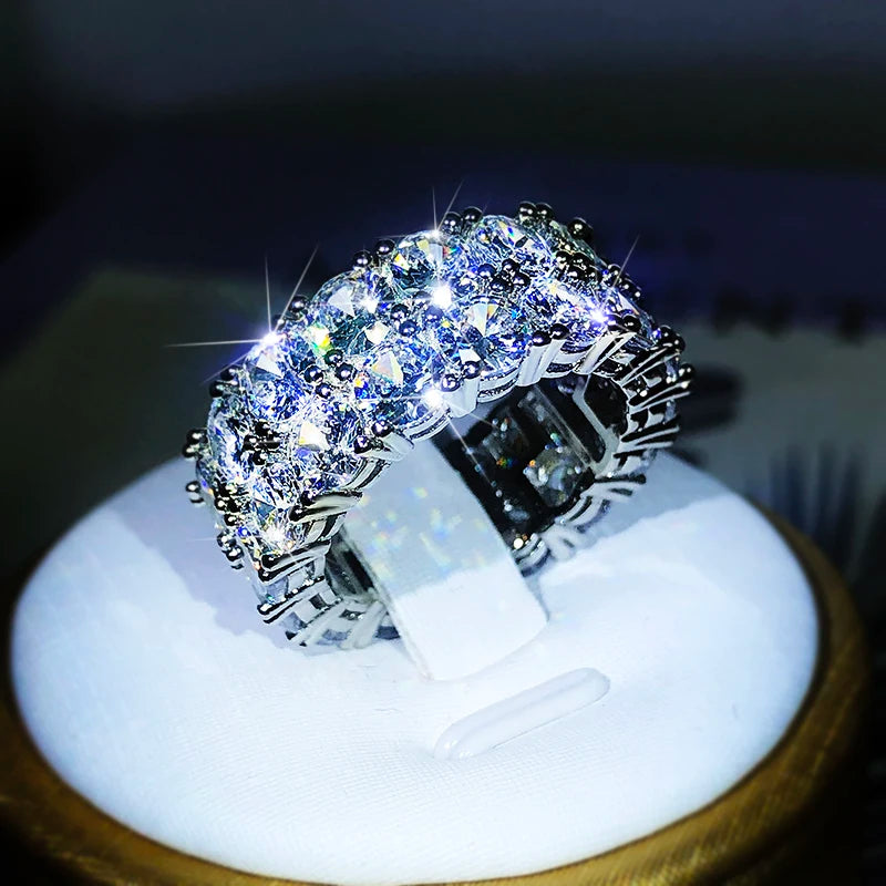 Luxuriöser Doppelreihiger Weißer Zirkonia-Ring aus 925er Sterlingsilber für Damen - Hochzeitsfeier Geburtstag Modeschmuckgeschenk