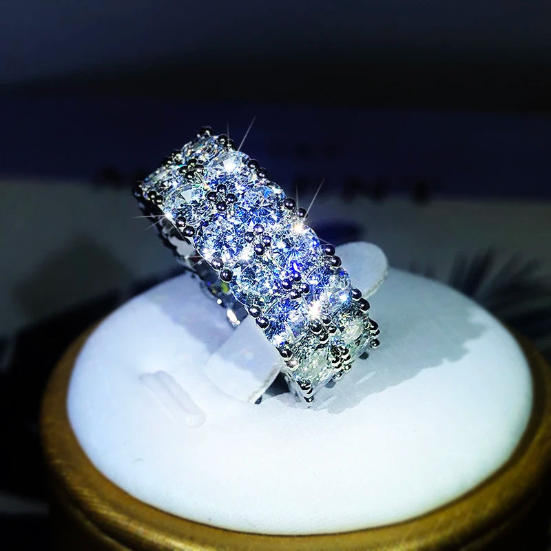 Luxuriöser Doppelreihiger Weißer Zirkonia-Ring aus 925er Sterlingsilber für Damen - Hochzeitsfeier Geburtstag Modeschmuckgeschenk