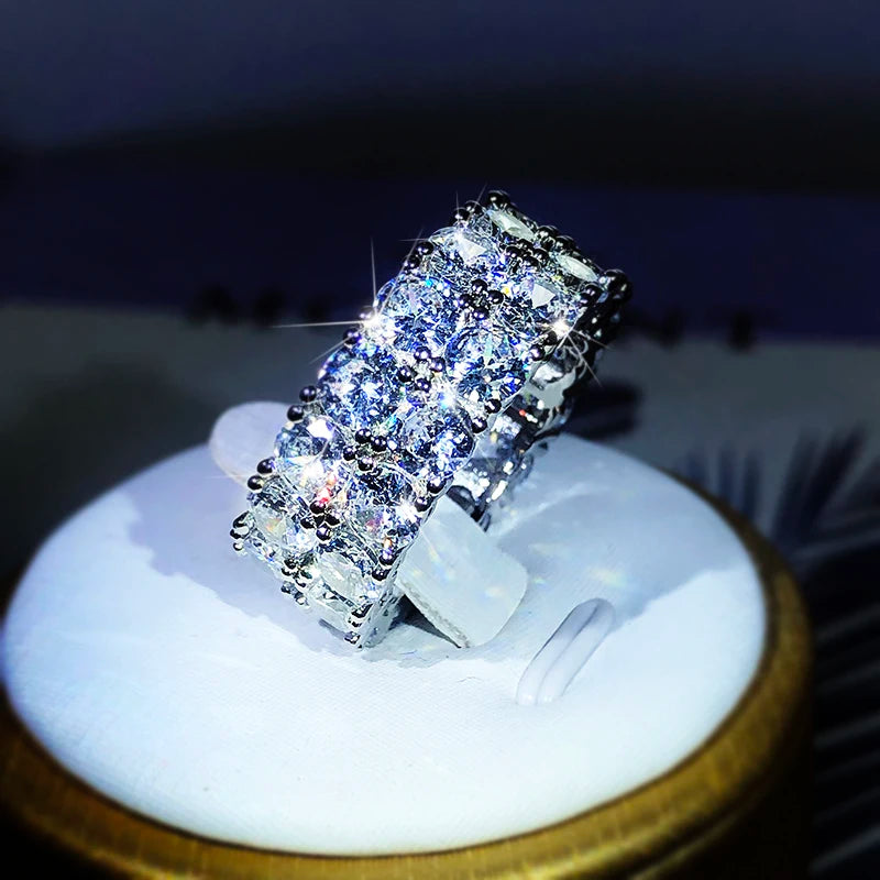 Luxuriöser Doppelreihiger Weißer Zirkonia-Ring aus 925er Sterlingsilber für Damen - Hochzeitsfeier Geburtstag Modeschmuckgeschenk