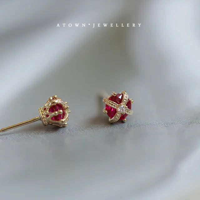 Mini Ruby Crown Stud Earrings for Women | Party Jewelry
