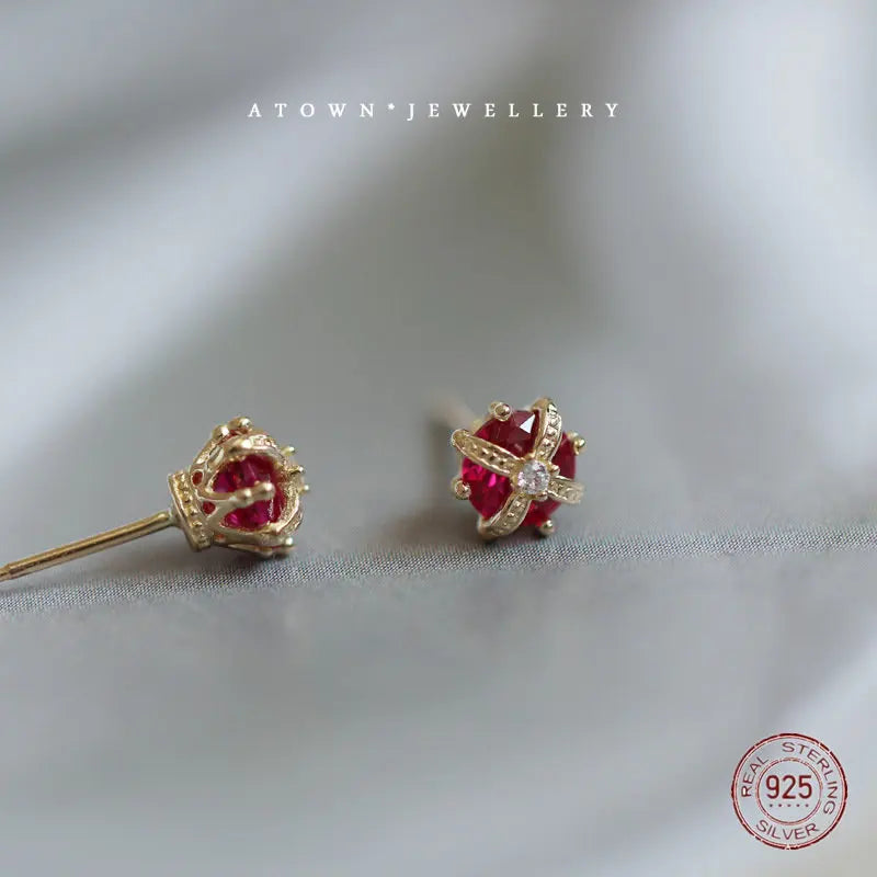 Mini Ruby Crown Stud Earrings for Women | Party Jewelry