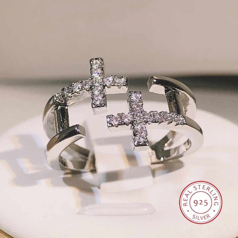 Offene Doppel-Zirkon Kreuzringe aus 925er Sterlingsilber für Damen - Gothic Accessoires - Modeschmuck für Partys - Unregelmäßiger Ring