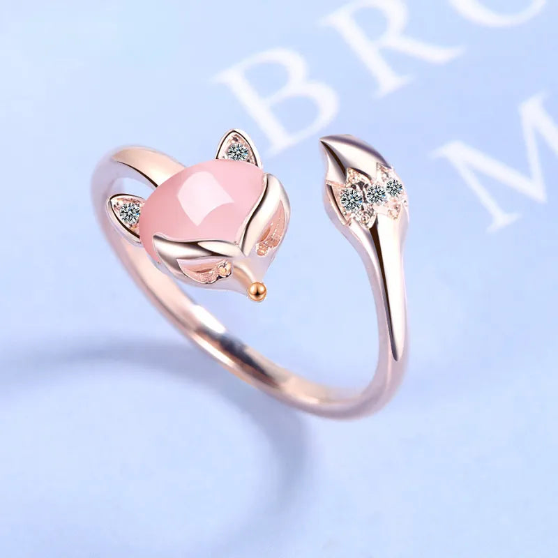Hochwertiger verstellbarer Ring mit Kristall-Zirkon-Agat-Füchsen in 925er Sterling Silber Roségold - Modischer Schmuck für Frauen