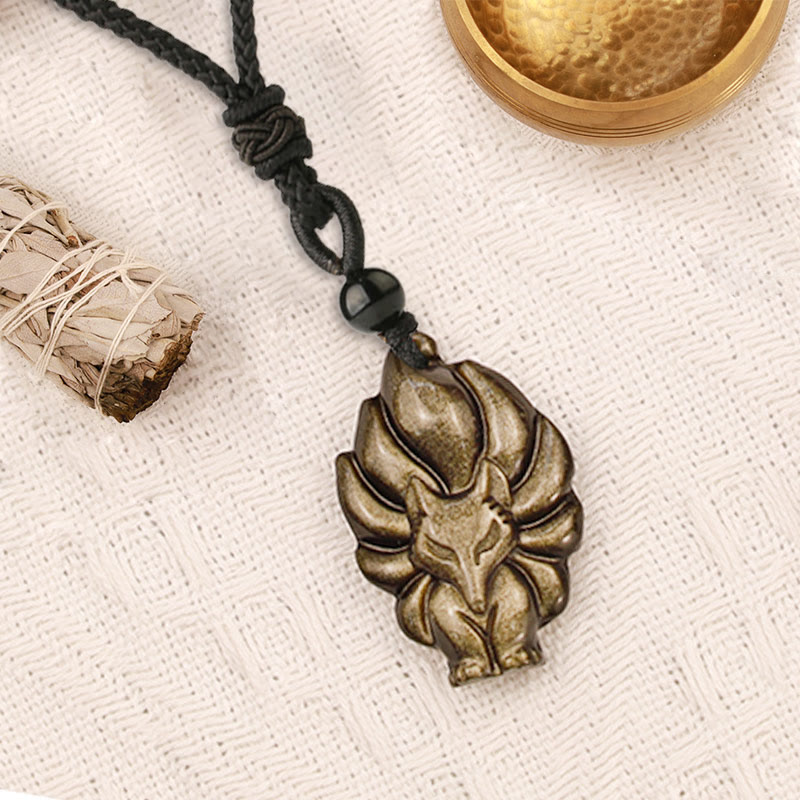 Chavri Natürliche Fluorit-Goldglanz-Obsidian-Fuchs-Anhänger-Schutzhalskette