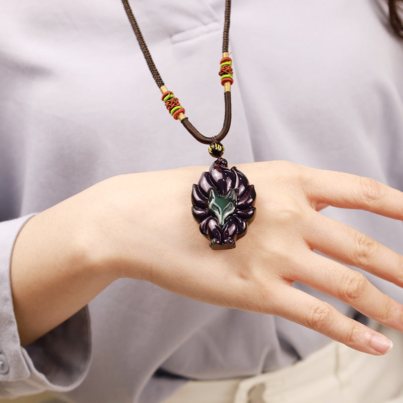 Chavri Natürlicher Regenbogen-Obsidian, Goldglanz-Obsidian, Neunschwänziger Fuchs, positiver Halskettenanhänger