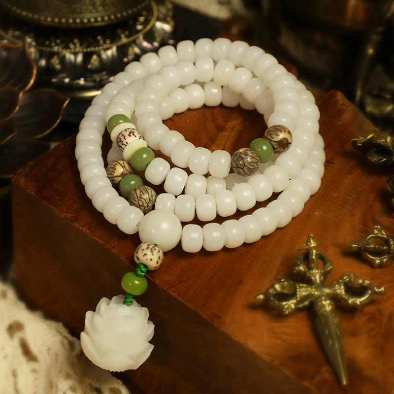 Chavri White Jade Bodhi Lotus Mala Harmony Halskette Armband