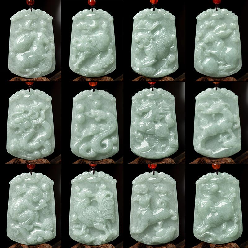 Chavri natürliche Jade 12 chinesische Sternzeichen Fülle Amulett Anhänger Halskette