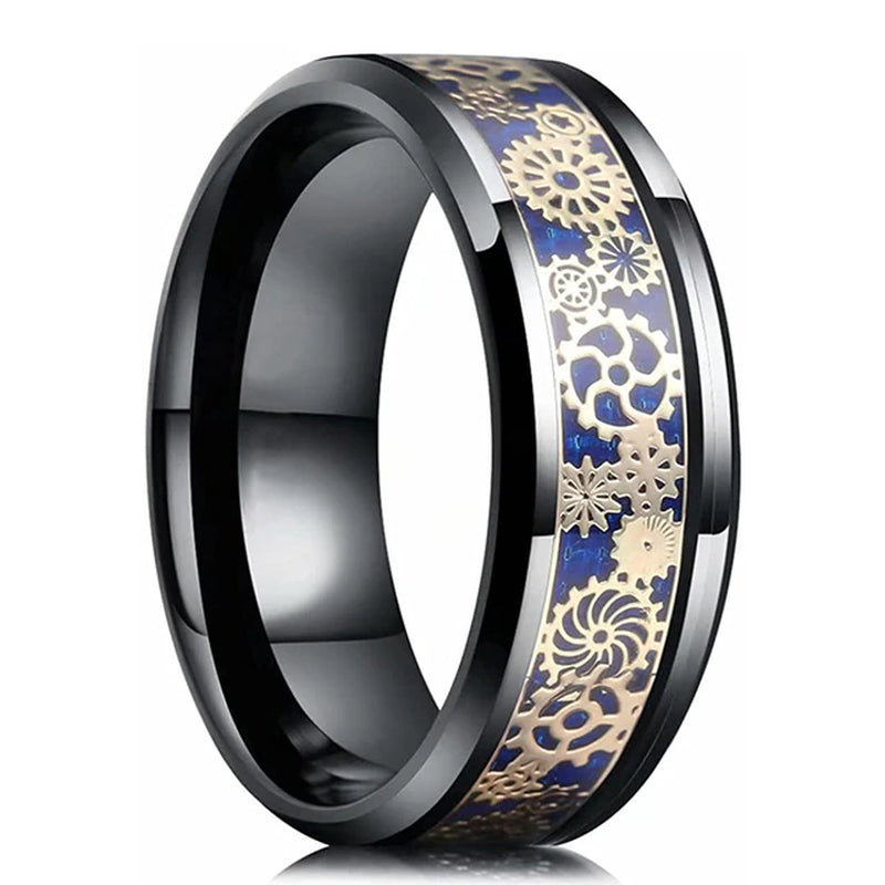 Mode Männer 8Mm Gold Farbe Nut Abgeschrägte Kante Wolfram Hochzeit Carbon Faser Ring Punk Zahnrad Edelstahl Ring für Männer