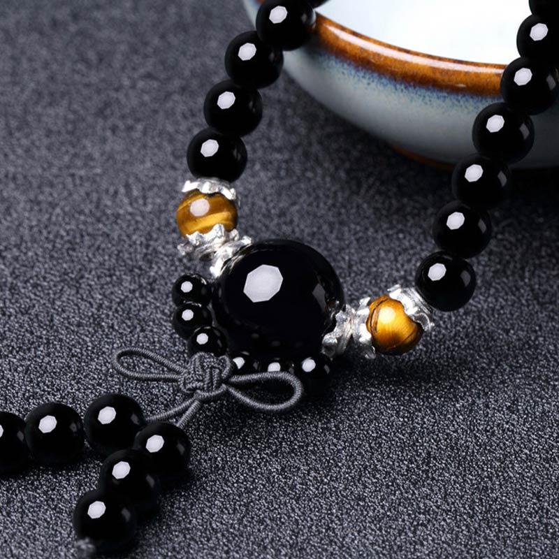 Chavri 108 Perlen natürliches schwarzes Obsidian-Tigerauge-Mala-Armband