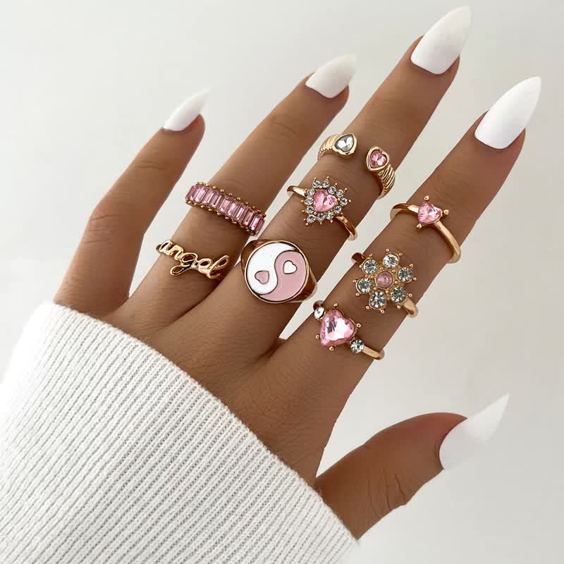 8Pcs Rosa Yin Yang Blühen Liebesring Set