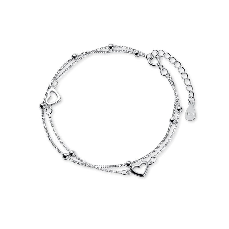 Armband aus Sterlingsilber mit doppeltem Liebesherz und hohlen runden Perlen