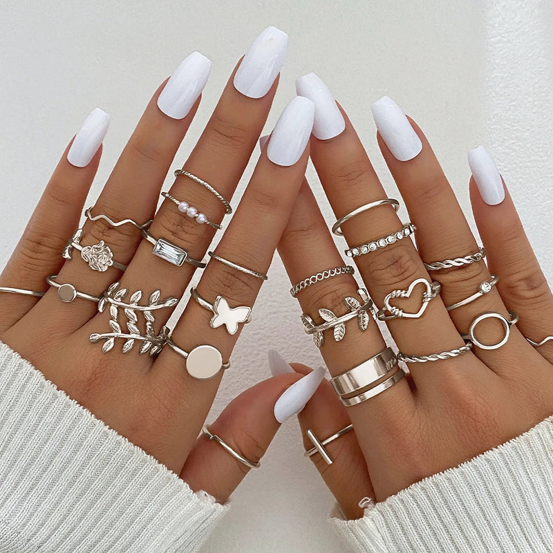 Mode Silber Farbe Metall Ringe Set Herz Schmetterling Blätter Blume Kristall Trendy Finger Ring für Frauen Schmuck Geschenke