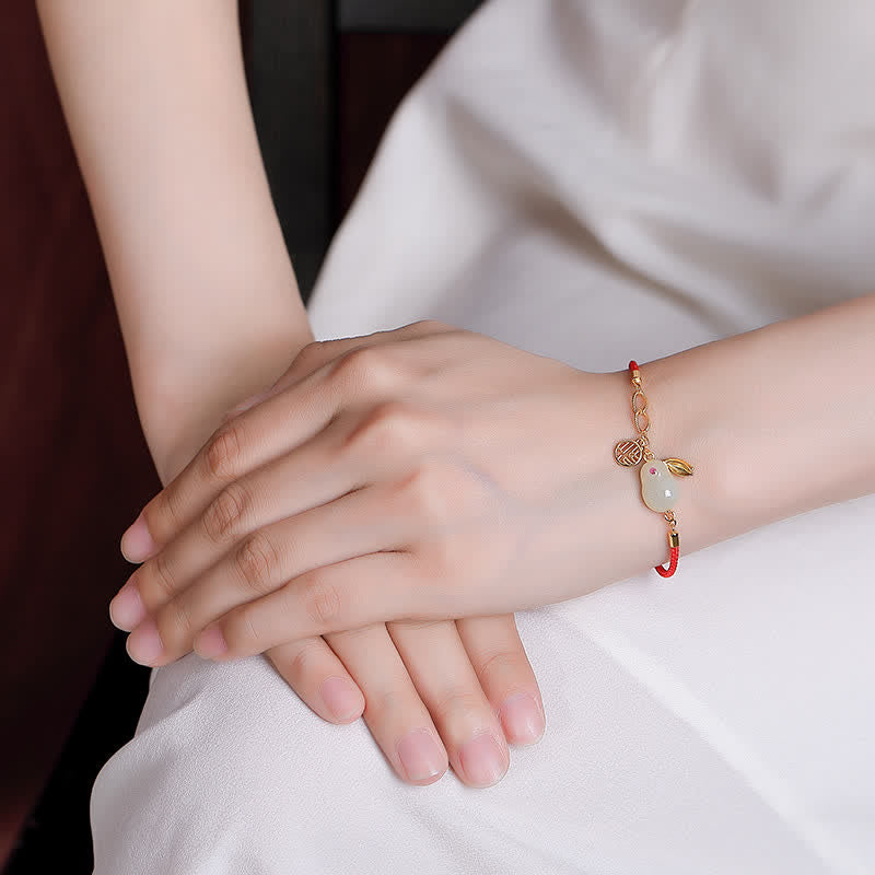 Chavri 925 Sterling Silber Jahr des Kaninchens Hetian White Jade Luck Blessing Red String Armband
