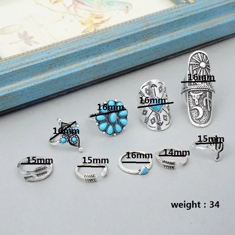Bohemia Antique Silver Color Arrow Moon Pattern Sunflower Rings Sets for Women