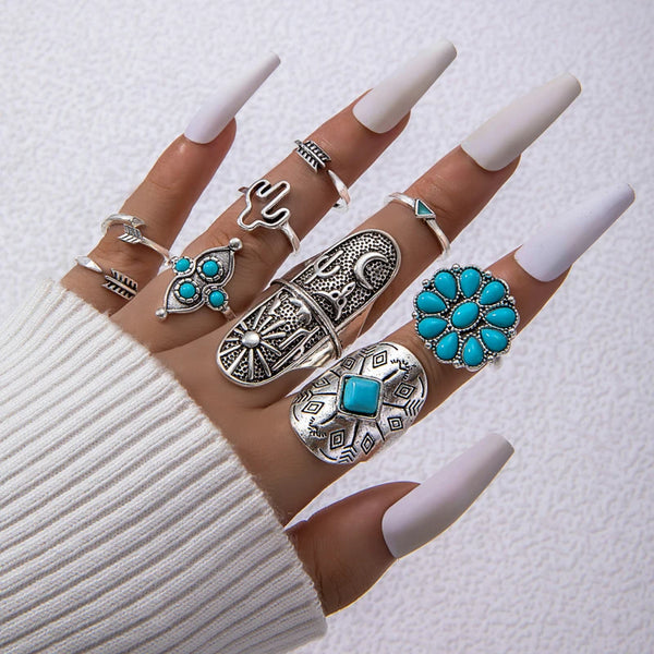 Bohemia Antique Silver Color Arrow Moon Pattern Sunflower Rings Sets for Women