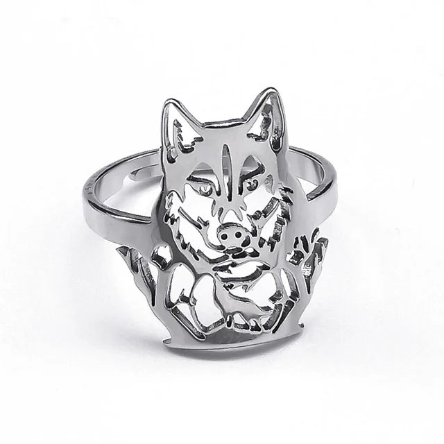 Edelstahl Verstellbarer Finger Ring mit ästhetischem Wolf, Motorradparty, Tier Biker Schmuck für Frauen und Männer