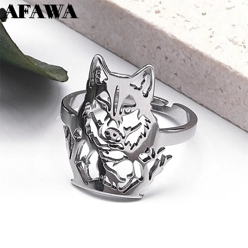 Edelstahl Verstellbarer Finger Ring mit ästhetischem Wolf, Motorradparty, Tier Biker Schmuck für Frauen und Männer