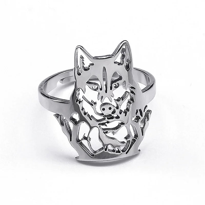 Edelstahl Verstellbarer Finger Ring mit ästhetischem Wolf, Motorradparty, Tier Biker Schmuck für Frauen und Männer