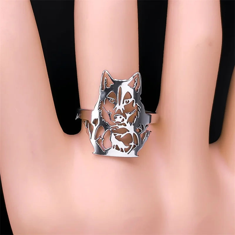 Edelstahl Verstellbarer Finger Ring mit ästhetischem Wolf, Motorradparty, Tier Biker Schmuck für Frauen und Männer